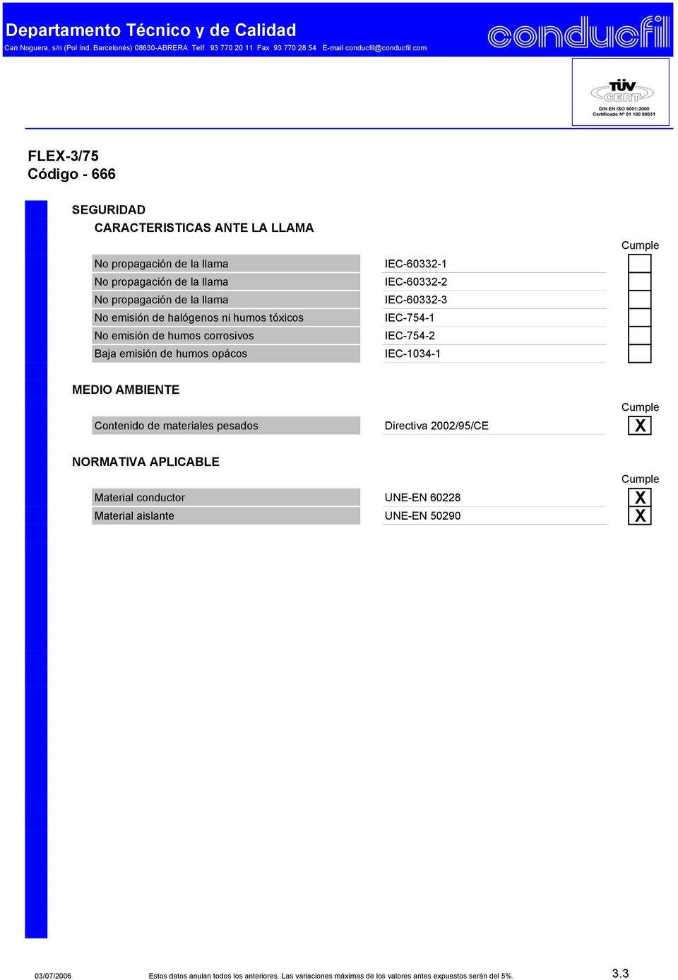 Contenido de materiales pesados Directiva 2002/95/CE X NORMATIVA APLICABLE conductor UNE-EN 60228 X aislante UNE-EN 50290 X