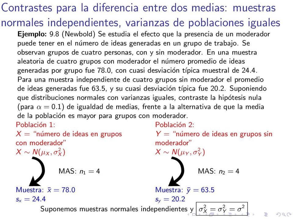 En una muestra aleatoria de cuatro grupos con moderador el número promedio de ideas generadas por grupo fue 78.0, con cuasi desviación típica muestral de 24.