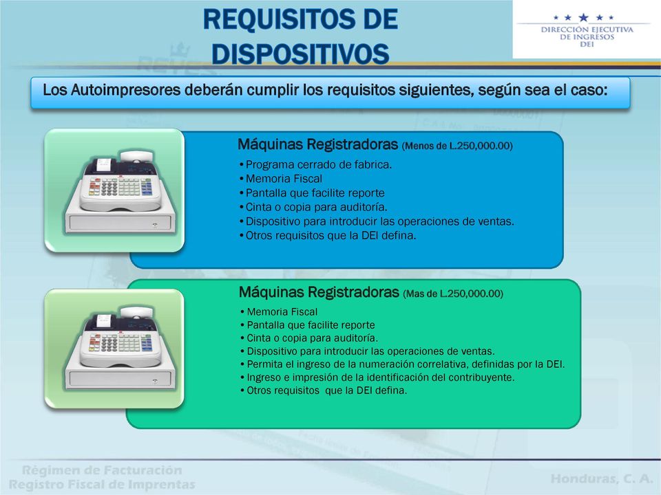 Máquinas Registradoras (Mas de L.250,000.00) Memoria Fiscal Pantalla que facilite reporte Cinta o copia para auditoría.