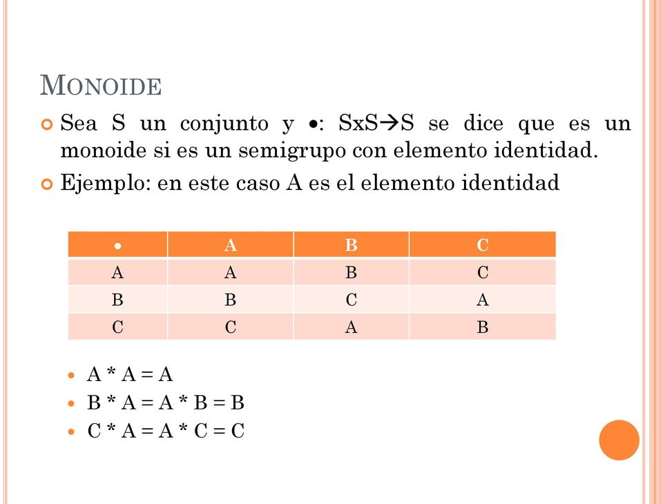 Ejemplo: en este caso A es el elemento identidad A B C A