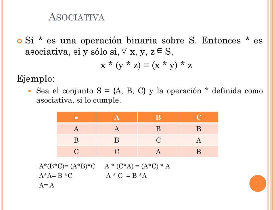 y) * z Sea el conjunto S = {A, B, C} y la operación * definida como asociativa,