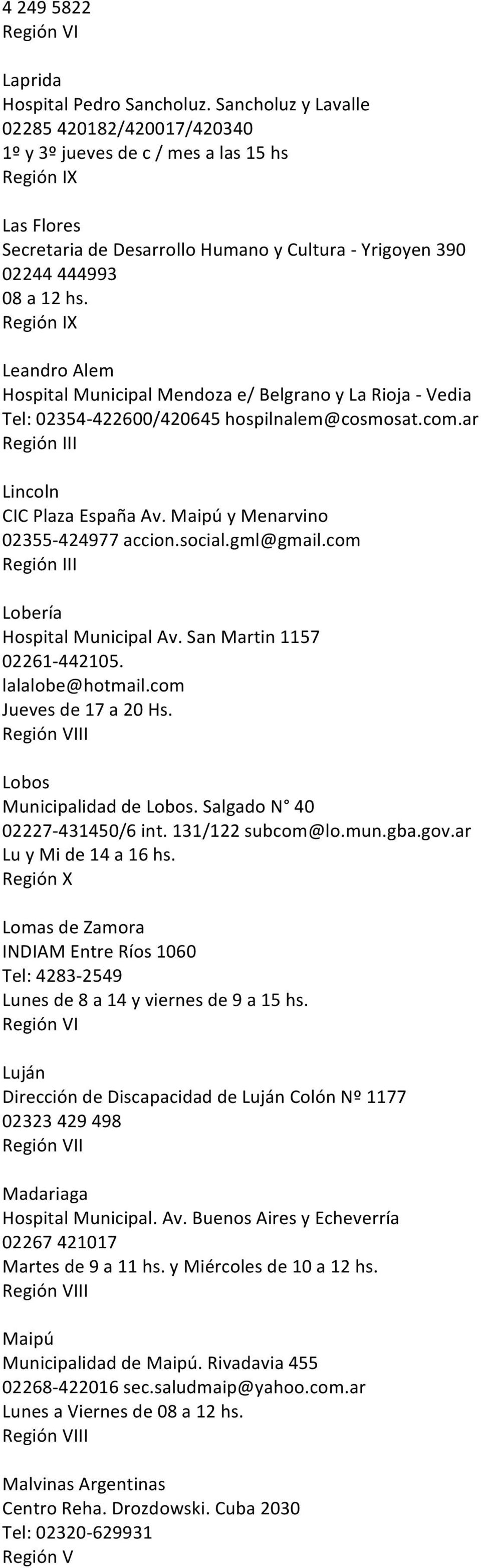 X Leandro Alem Hospital Municipal Mendoza e/ Belgrano y La Rioja - Vedia Tel: 02354-422600/420645 hospilnalem@cosmosat.com.ar II Lincoln CIC Plaza España Av. Maipú y Menarvino 02355-424977 accion.