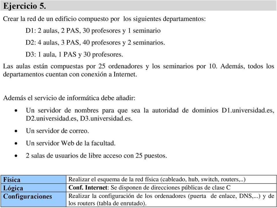 Además el servicio de informática debe añadir: Un servidor de nombres para que sea la autoridad de dominios D1.universidad.es, D2.universidad.es, D3.universidad.es. Un servidor de correo.