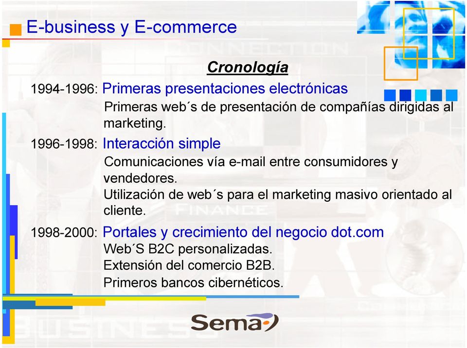 1996-1998: Interacción simple Comunicaciones vía e-mail entre consumidores y vendedores.