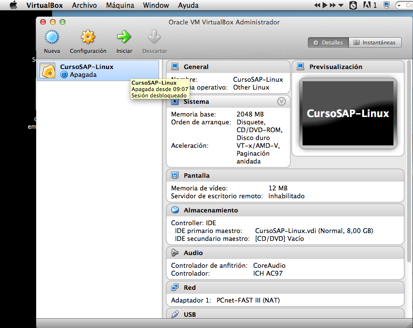 Paso 4 Iniciar la máquina virtual CursoSAP-Linux en VirtualBox Una vez que se ha registrado la máquina virtual (paso 3) ya está lista para ser ejecutada haciendo doble click o