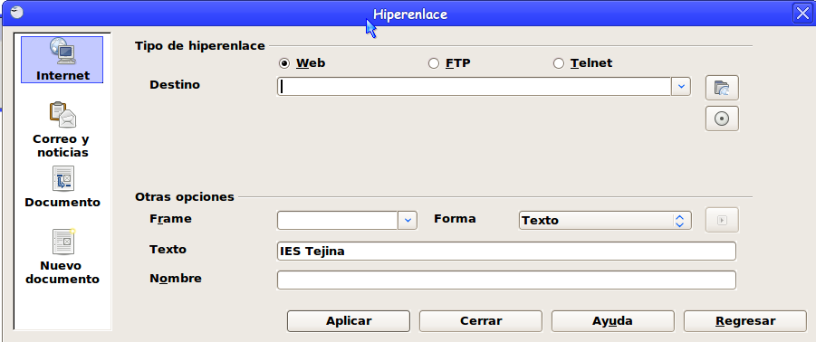 OpenOffice Impress 6 IES Antonio Glez Glez - Tejina de la web). 6. Una vez haz creado la lista, marca el primer caso (IES Tejina) 7. Vete a menú Insertar Hiperenlace 8.