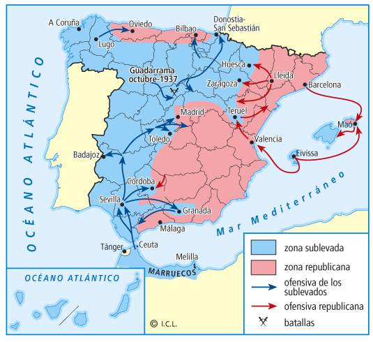 Avance de las fuerzas sublevadas entre julio y noviembre de 1936. Tema 14. La Guerra Civil (1936-1939). mandadas por Yagüe avanzan hacia el norte por Extremadura.