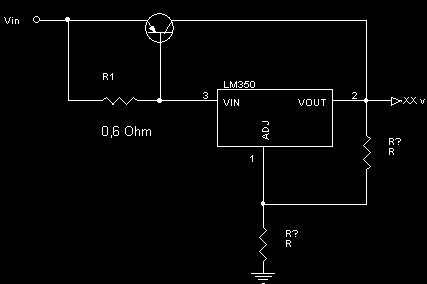 En este circuito, la resistencia de 0,6 O se usa para detectar la máxima corriente que pasará por el regulador.