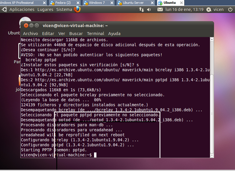 c) Instalación de un servidor VPN en GNU/Linux Instalamos el servicio poniendo sudo