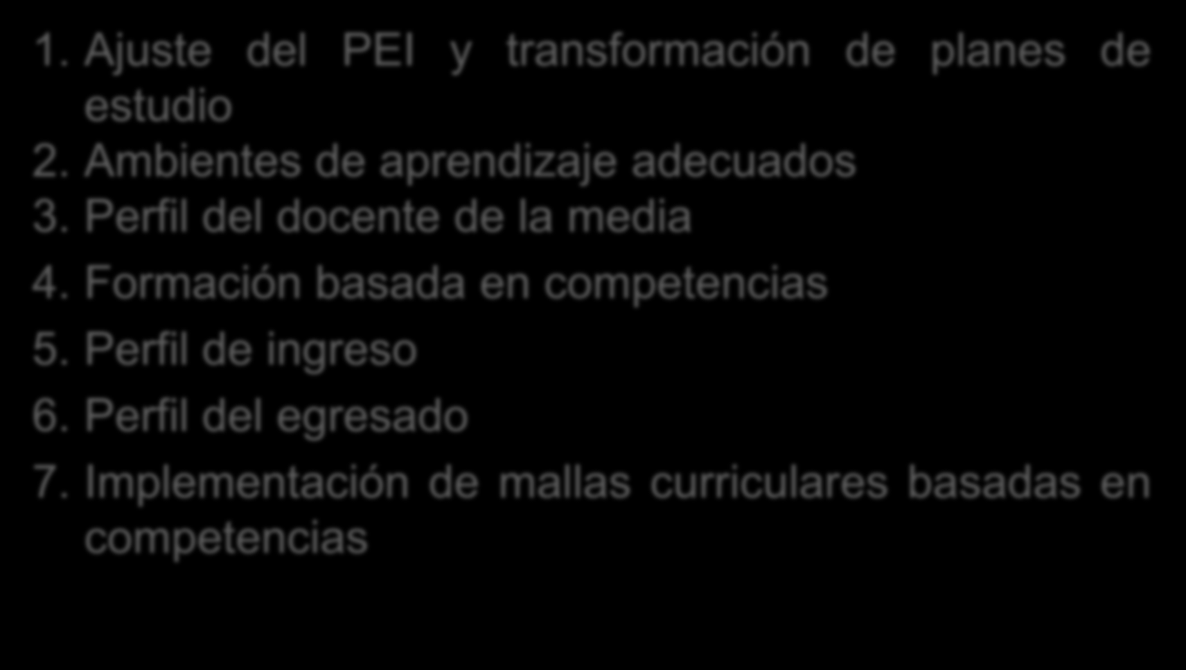 Transformación del PEI Incorporación de CB CG CE 1. Ajuste del PEI y transformación de planes de estudio 2. Ambientes de aprendizaje adecuados 3.