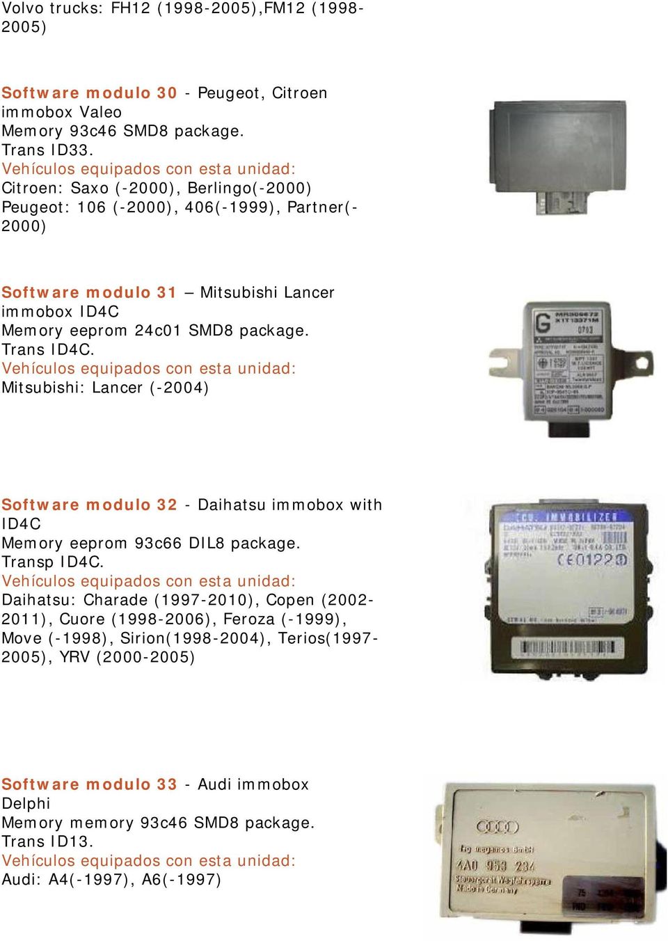 Trans ID4C. Mitsubishi: Lancer (-2004) Software modulo 32 - Daihatsu immobox with ID4C Memory eeprom 93c66 DIL8 package. Transp ID4C.