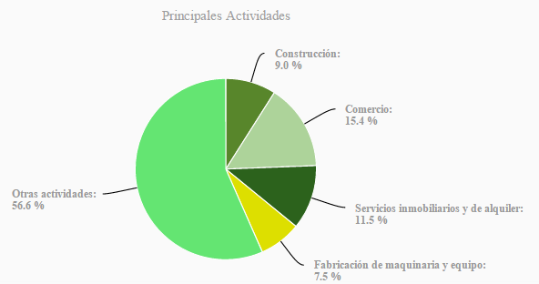 Entre las principales actividades se encuentran: comercio (15.4%); servicios inmobiliarios y de alquiler de bienes muebles e intangibles (11.5%); construcción (9.