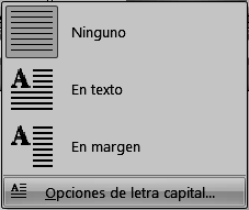 3) Se hace clic en el icono LETRA CAPITAL del recuadro texto. 4) Se hace clic en opciones de letra capital (ver fig. 36).