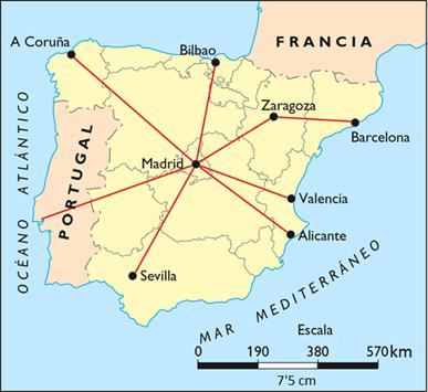 50. En el siguiente mapa, calcular las distancias reales entre Madrid y Sevilla y entre Madrid y Zaragoza