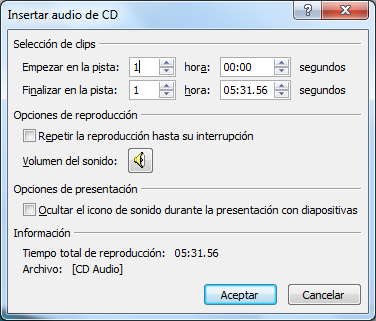 Insertar sonidos desde un archivo 1. Despliega la ficha Insertar y elige Sonido de la sección Clip multimedia. 2. Después de la lista selecciona Sonido de archivo... 3.