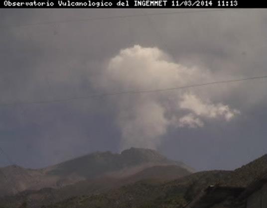 En la figura 1.2 mostramos el registro fotográfico de las principales emisiones del volcán Ubinas registradas entre el 27 de febrero al 25 de marzo del 2014. Fecha Hora Altura(m) Dirección de disp.