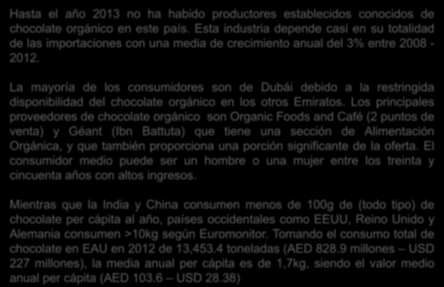 Hasta el año 2013 no ha habido productores establecidos conocidos de chocolate orgánico en este país.