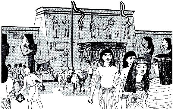 5. LA VIDA EN LAS CIUDADES EGIPCIAS FACHADA DE UN TEMPLO Los grandes templos y el palacio del faraón eran los edificios más importantes de las ciudades. Cada dios egipcio tenía su propio templo.