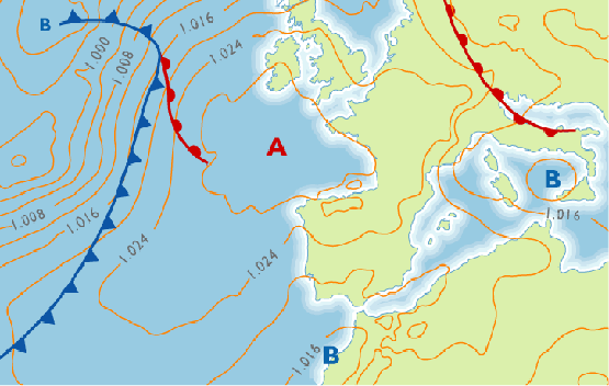Superficie de contacto entre las dos masa de aire: frente En los mapas de isobaras los frentes fríos se muestran