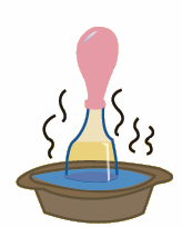 1. Poner el globo en el cuello de la botella e introducir esta dentro del recipiente con agua caliente, de tal manera, de cubrir la mitad inferior de la botella, tal como muestra la figura.