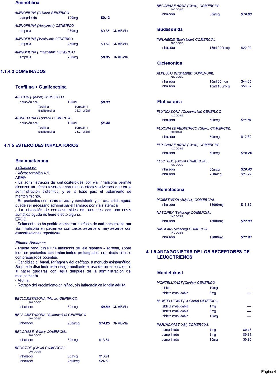 1.4.3 COMBINADOS Teofilina + ALVESCO (Grunenthal) COMERCIAL 10ml 80mcg 10ml 160mcg $44.83 $50.32 ASBRON (Bjarner) COMERCIAL Teofilina ASMAFALINA G (Infabi) COMERCIAL Teofilina 50mg/5ml 33.