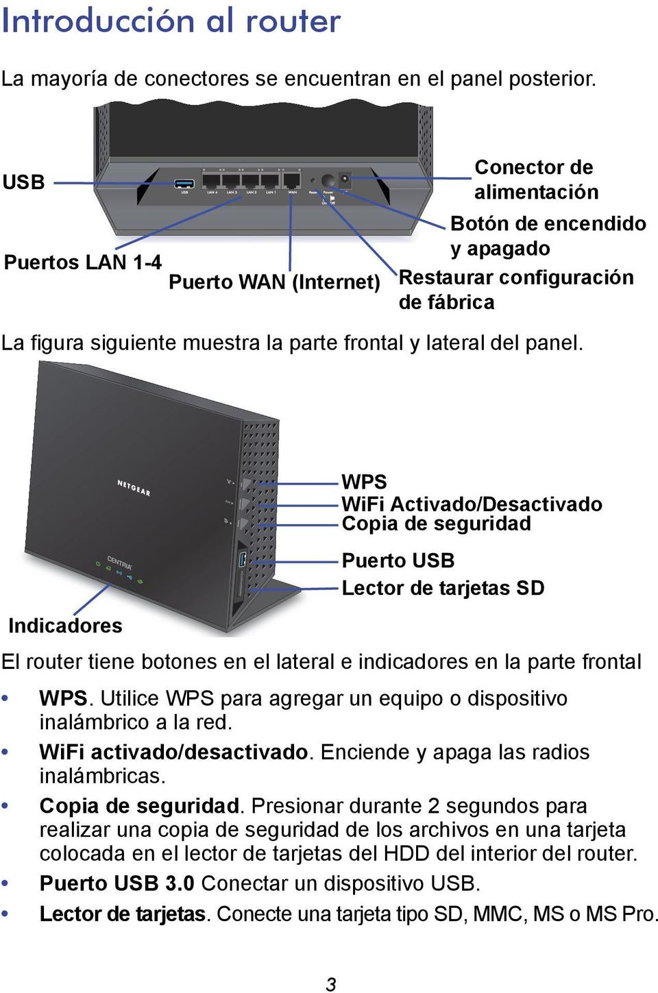 Indicadores WPS WiFi Activado/Desactivado Copia de seguridad Puerto USB Lector de tarjetas SD El router tiene botones en el lateral e indicadores en la parte frontal WPS.
