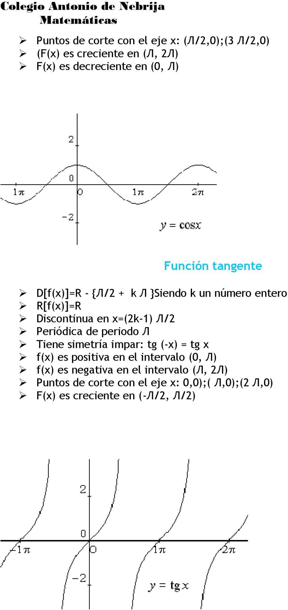 Periódica de periodo Л Tiene simetría impar: tg (-x) = tg x f(x) es positiva en el intervalo (0, Л) f(x) es