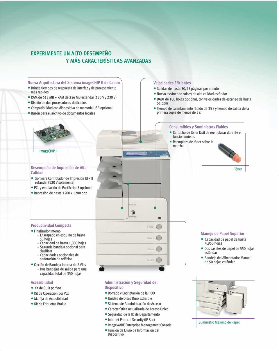Velocidades Eficientes Salidas de hasta 30/25 páginas por minuto Nuevo escáner de color y de alta calidad estándar DADF de 100 hojas opcional, con velocidades de escaneo de hasta 51 ppm Tiempo de