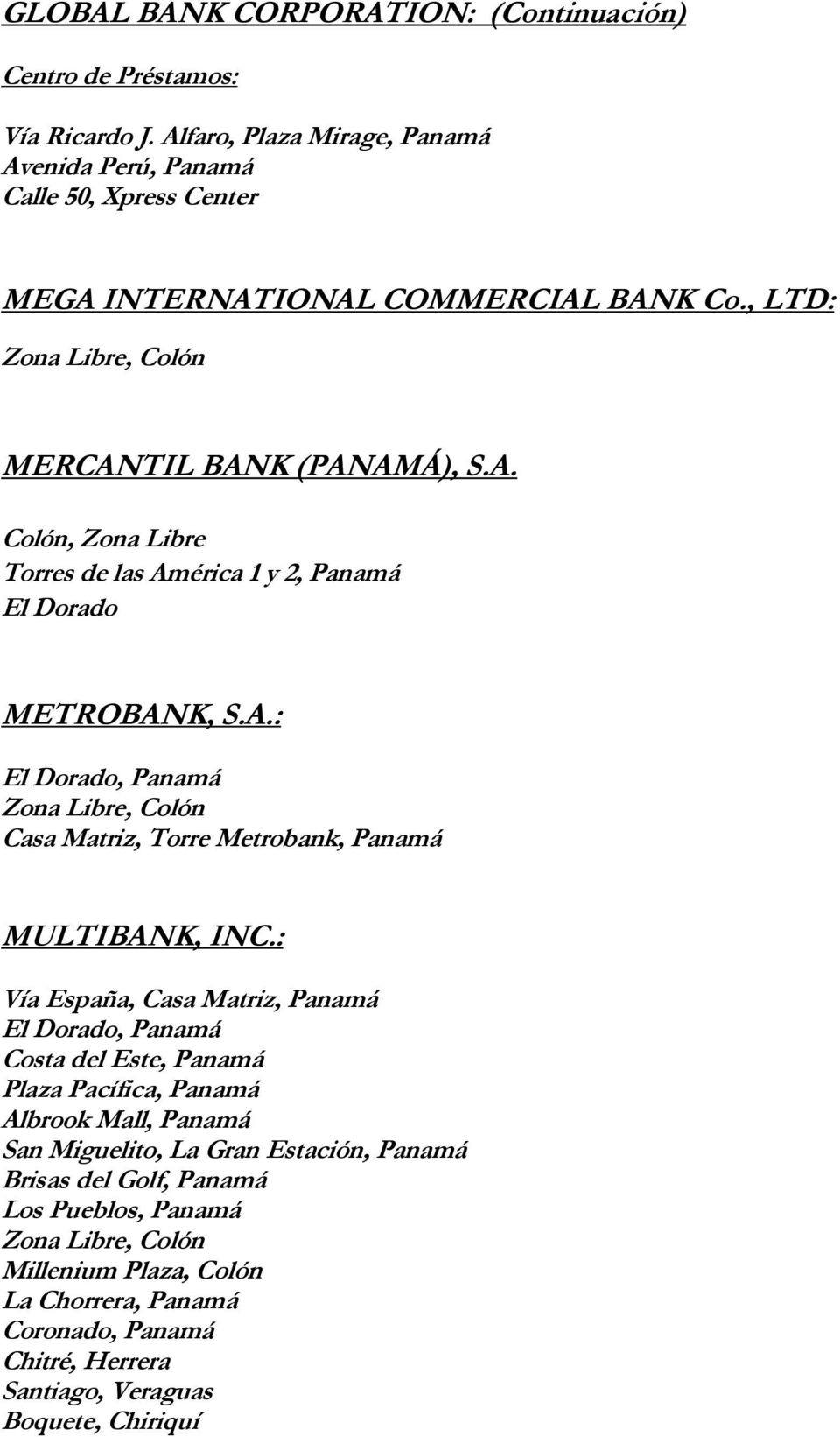 , LTD: MERCANTIL BANK (PANAMÁ), S.A. Colón, Zona Libre Torres de las América 1 y 2, Panamá El Dorado METROBANK, S.A.: Casa Matriz, Torre Metrobank, Panamá MULTIBANK, INC.
