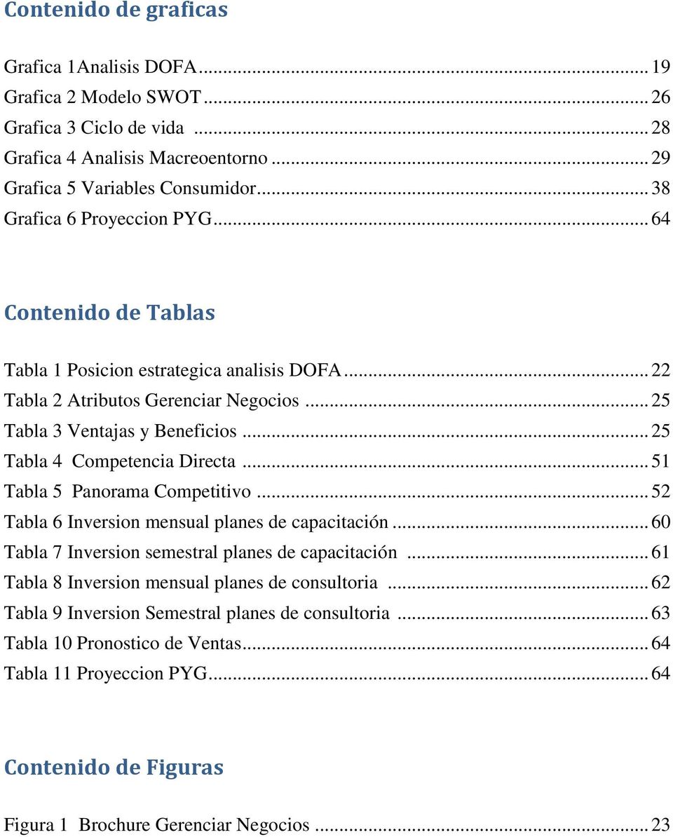 .. 25 Tabla 4 Competencia Directa... 51 Tabla 5 Panorama Competitivo... 52 Tabla 6 Inversion mensual planes de capacitación... 60 Tabla 7 Inversion semestral planes de capacitación.
