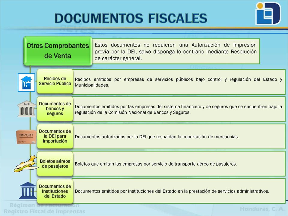 Documentos de bancos y seguros Documentos emitidos por las empresas del sistema financiero y de seguros que se encuentren bajo la regulación de la Comisión Nacional de Bancos y Seguros.