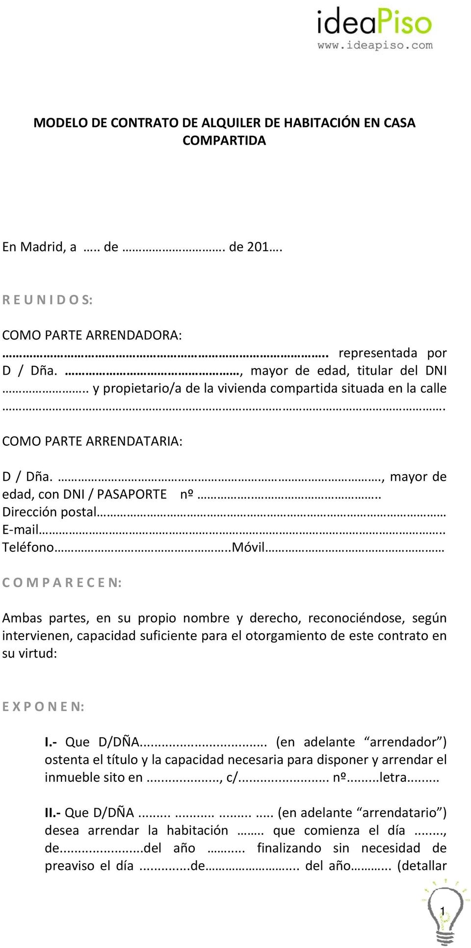 MODELO DE CONTRATO DE ALQUILER DE HABITACIÓN EN CASA COMPARTIDA. En Madrid,  a.. de. de PDF Descargar libre