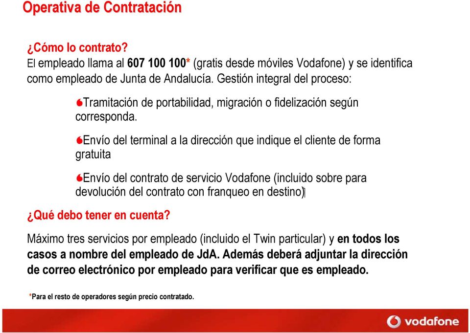 Envío del terminal a la dirección que indique el cliente de forma gratuita Envío del contrato de servicio Vodafone (incluido sobre para devolución del contrato con franqueo en destino)