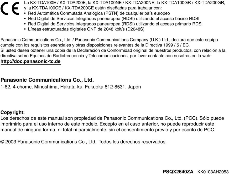Líneas estructuradas digitales ONP de 2048 kbit/s (D2048S) Panasonic Communications Co., Ltd. / Panasonic Communications Company (U.K.) Ltd.