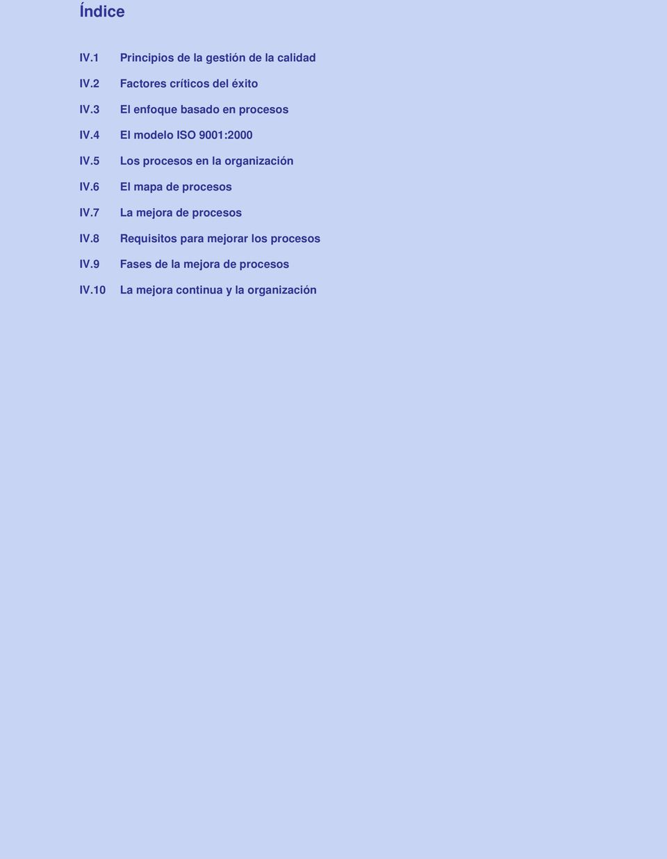 procesos IV.4 El modelo ISO 9001:2000 IV.5 IV.6 IV.7 IV.8 IV.9 IV.