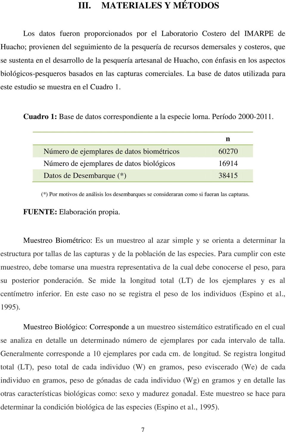 La base de datos utilizada para este estudio se muestra en el Cuadro 1. Cuadro 1: Base de datos correspondiente a la especie lorna. Período 2000-2011.
