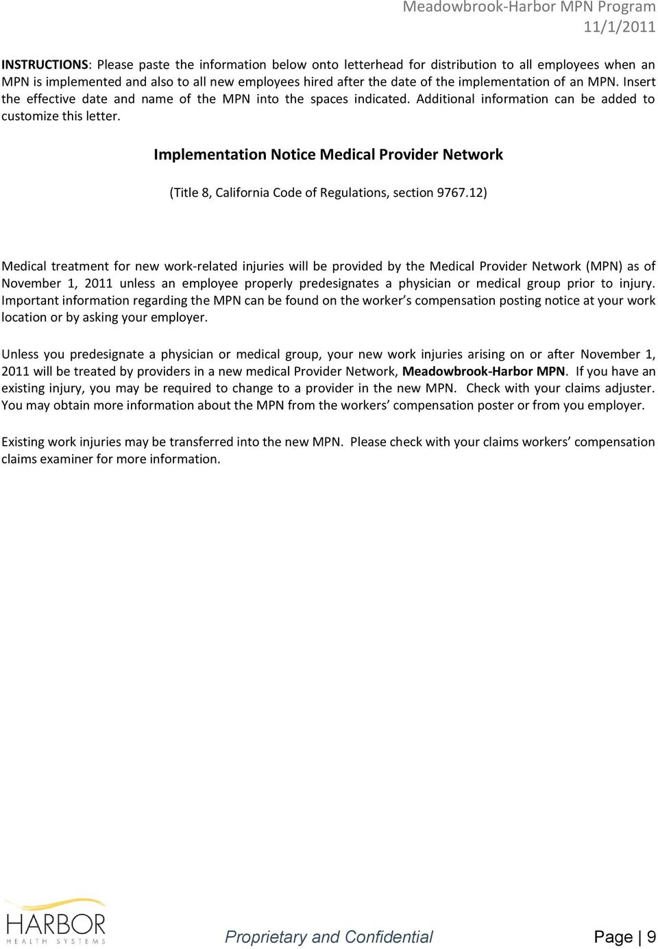 Implementation Notice Medical Provider Network (Title 8, California Code of Regulations, section 9767.
