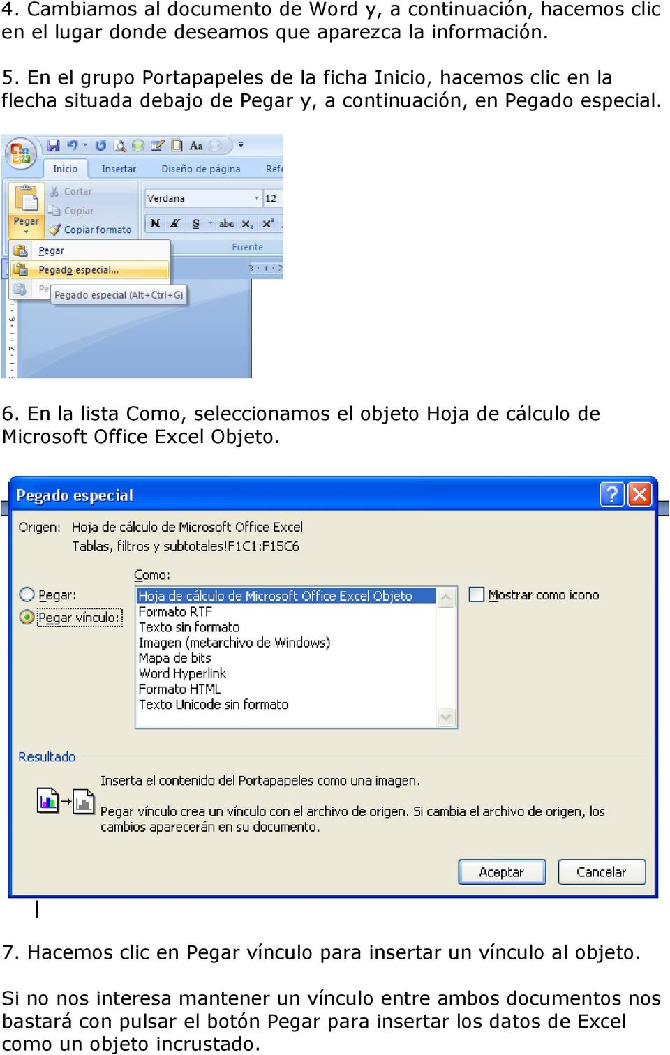 En la lista Como, seleccionamos el objeto Hoja de cálculo de Microsoft Office Excel Objeto. 7.