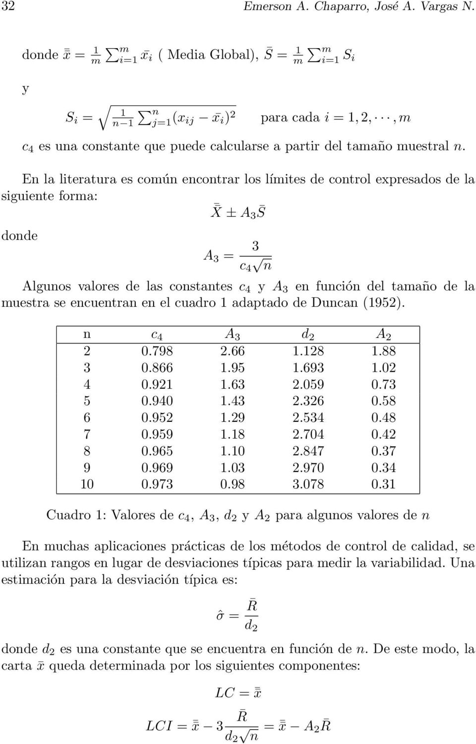 En la literatura es común encontrar los límites de control expresados de la siguiente forma: X ± A 3 S donde A 3 = 3 c 4 n Algunos valores de las constantes c 4 y A 3 en función del tamaño de la