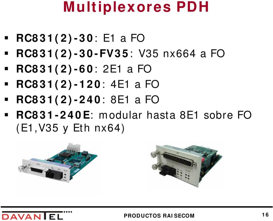 RC831(2)-120: 4E1 a FO RC831(2)-240: 8E1 a FO