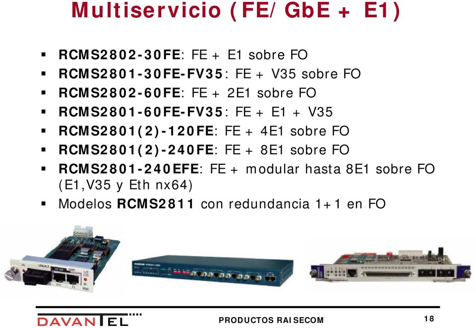RCMS2801(2)-120FE: FE + 4E1 sobre FO RCMS2801(2)-240FE: FE + 8E1 sobre FO RCMS2801-240EFE: