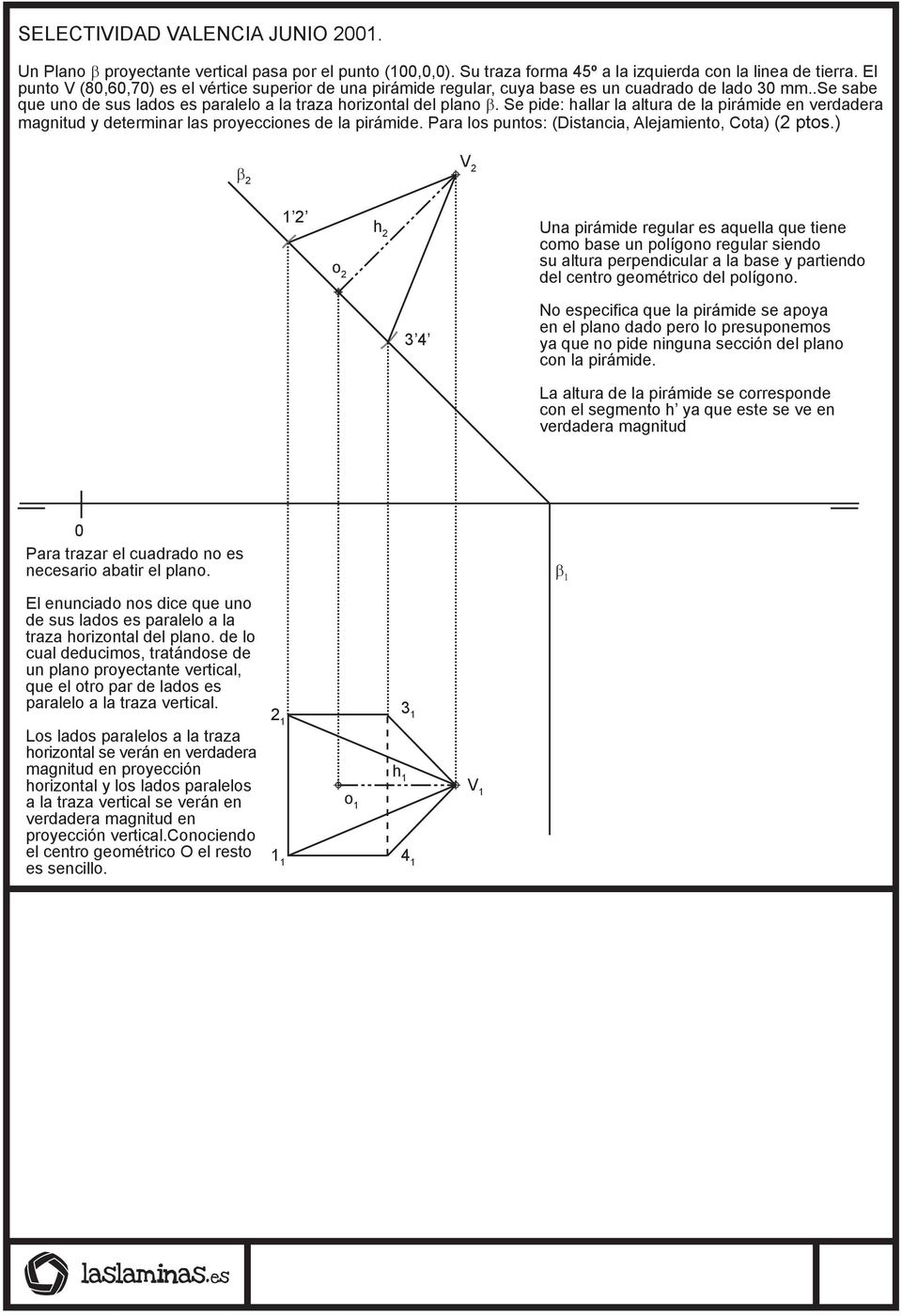 Se pide: hallar la altura de la pirámide en verdadera magnitud y determinar las proyecciones de la pirámide. Para los puntos: (Distancia, Alejamiento, Cota) (2 ptos.