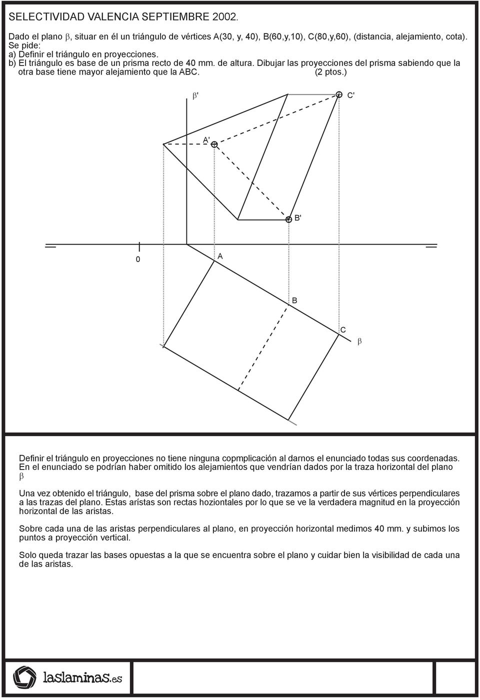 Dibujar las proyecciones del prisma sabiendo que la otra base tiene mayor alejamiento que la ABC. (2 ptos.