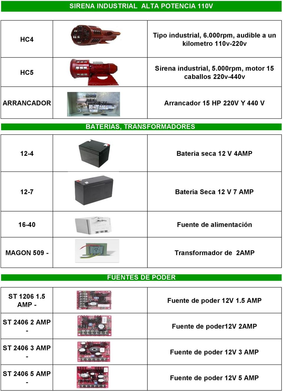 12-7 Bateria Seca 12 V 7 AMP 16-40 Fuente de alimentación MAGON 509 - Transformador de 2AMP FUENTES DE PODER ST 1206 1.