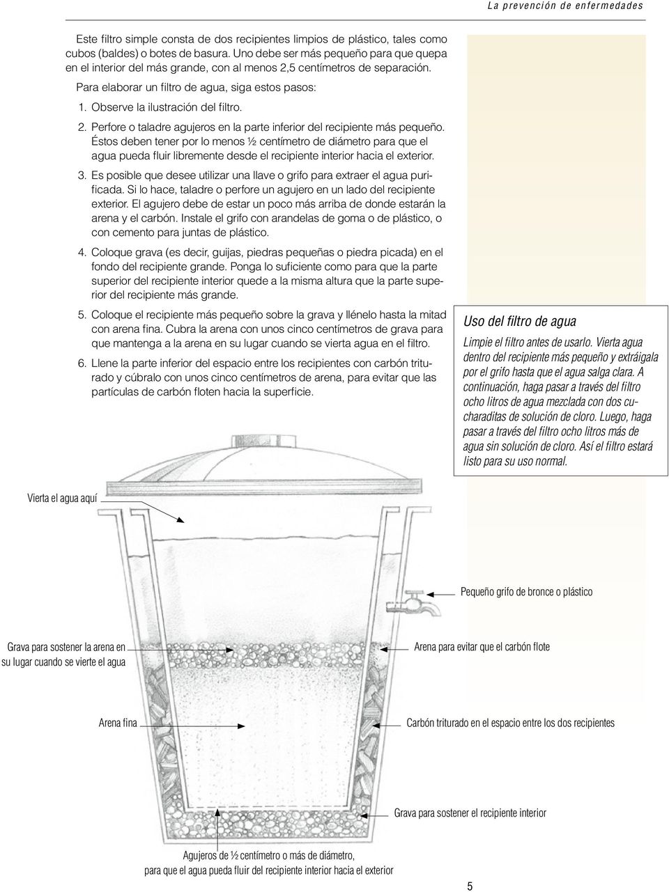 Observe la ilustración del filtro. 2. Perfore o taladre agujeros en la parte inferior del recipiente más pequeño.