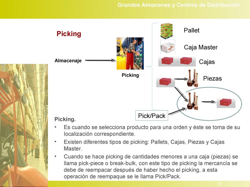 Existen diferentes tipos de picking: Pallets, Cajas, Piezas y Cajas Master.