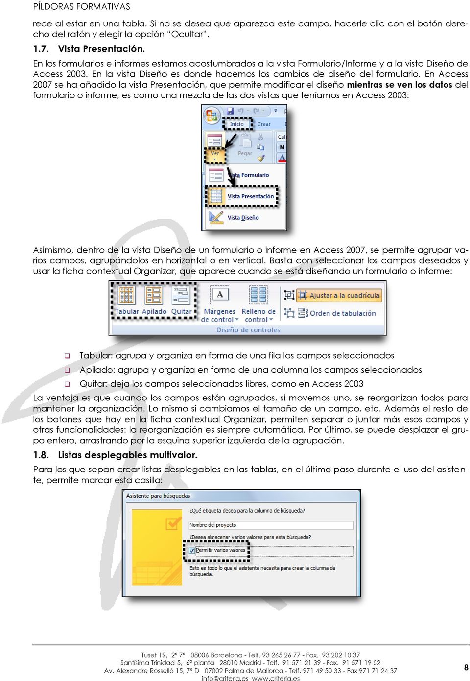 En Access 2007 se ha añadido la vista Presentación, que permite modificar el diseño mientras se ven los datos del formulario o informe, es como una mezcla de las dos vistas que teníamos en Access