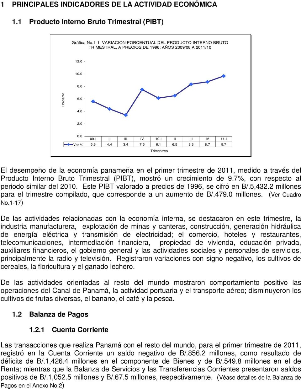 4 7.5 6.1 6.5 8.3 8.7 9.7 Trimestres El desempeño de la economía panameña en el primer trimestre de 2011, medido a través del Producto Interno Bruto Trimestral (PIBT), mostró un crecimiento de 9.