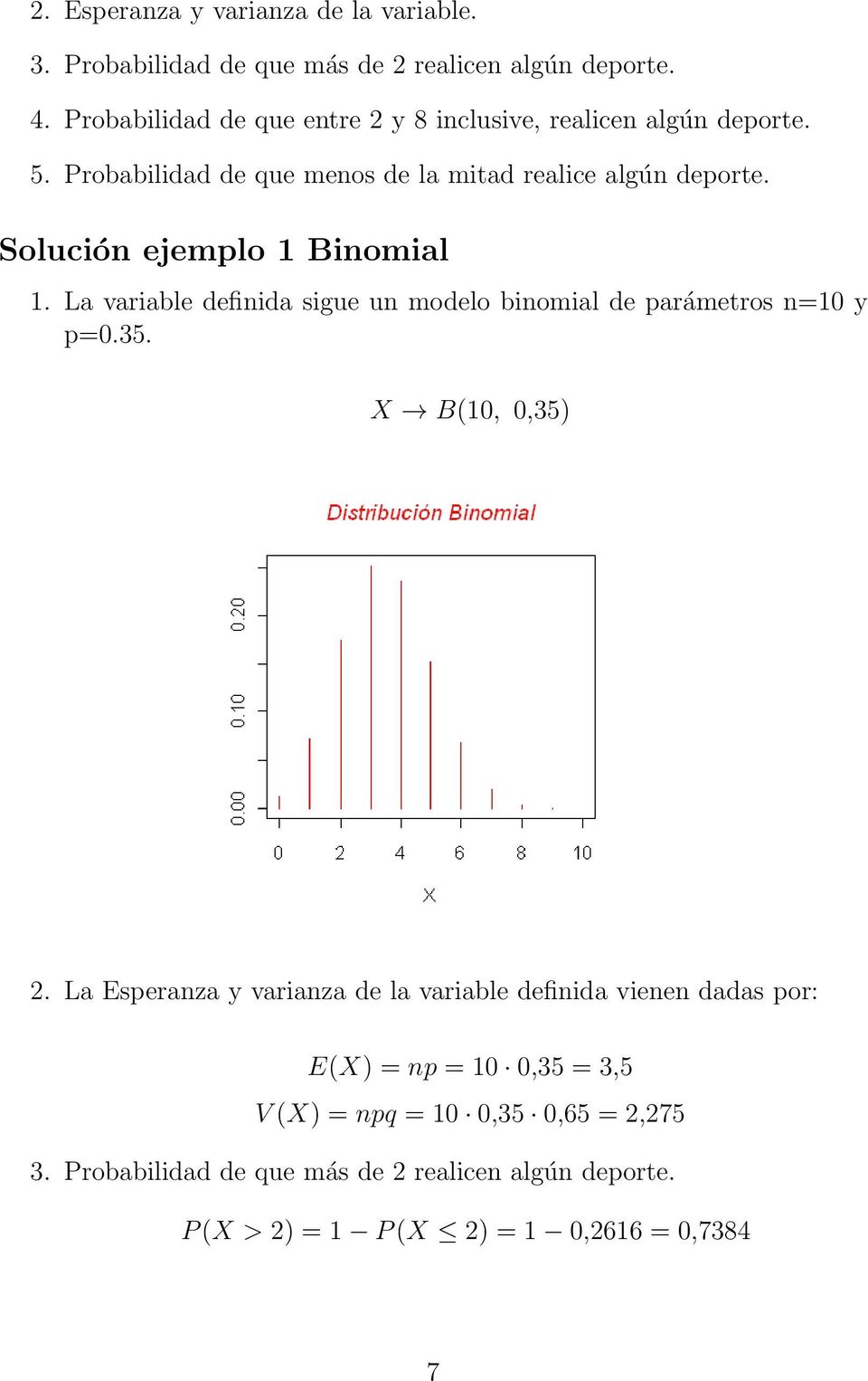 Solución ejemplo 1 Binomial 1. La variable definida sigue un modelo binomial de parámetros n=10 y p=0.35. X B(10, 0,35) 2.