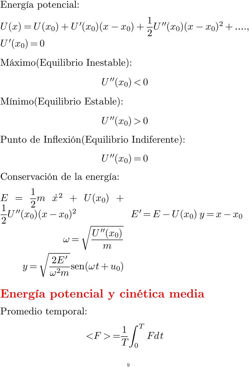 Inflexión(Equilibrio Indiferente): Conservación de la energía: U (x 0 )=0 E = 1 m ẋ + U(x 0 ) + 1 U (x 0 )(x